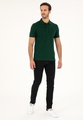 Erkek Slim Fit Polo Yaka Koyu Yeşil Basic Tişört - 50279573387