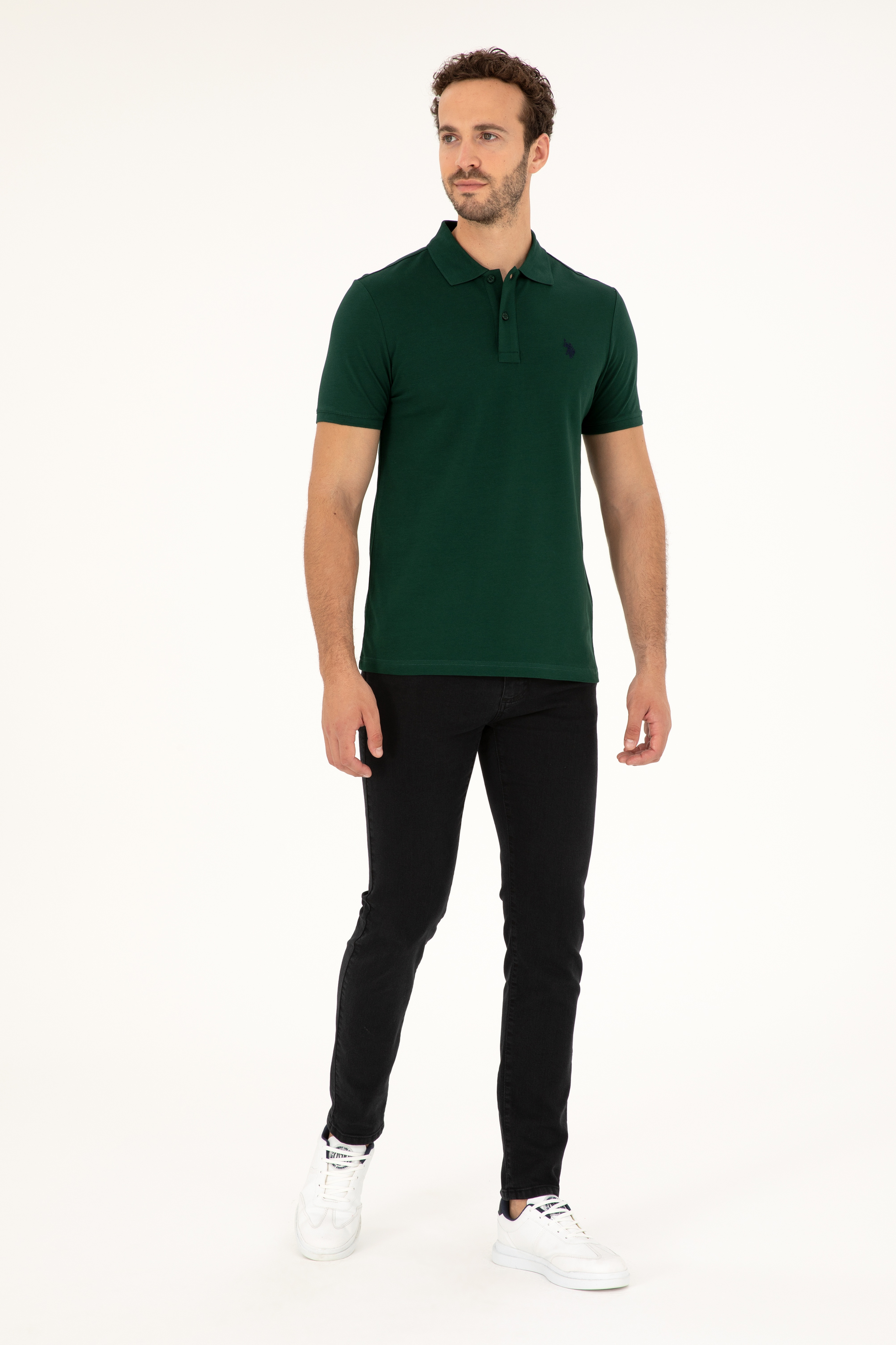 Erkek Slim Fit Polo Yaka Koyu Yeşil Basic Tişört - Image 4