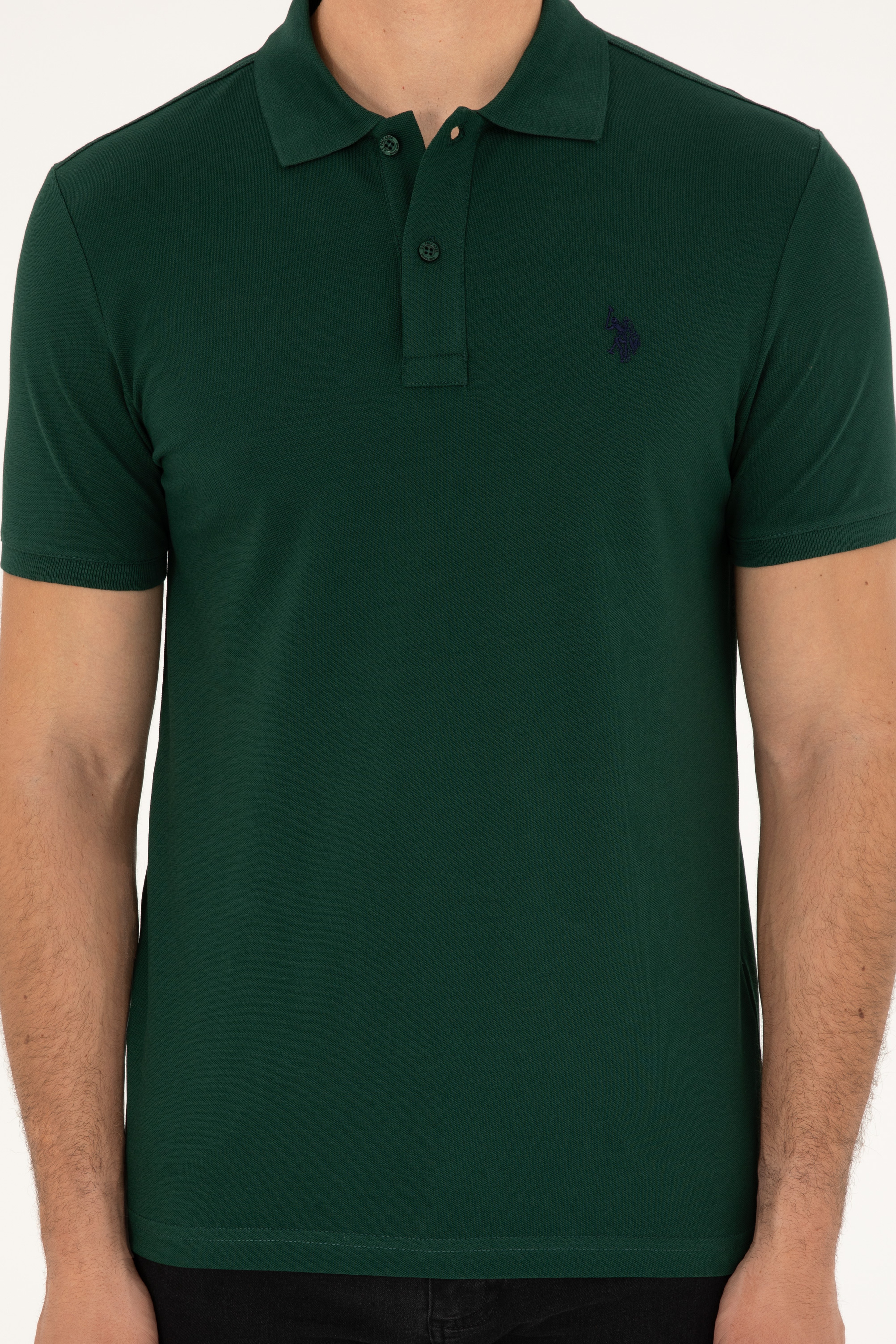 Erkek Slim Fit Polo Yaka Koyu Yeşil Basic Tişört