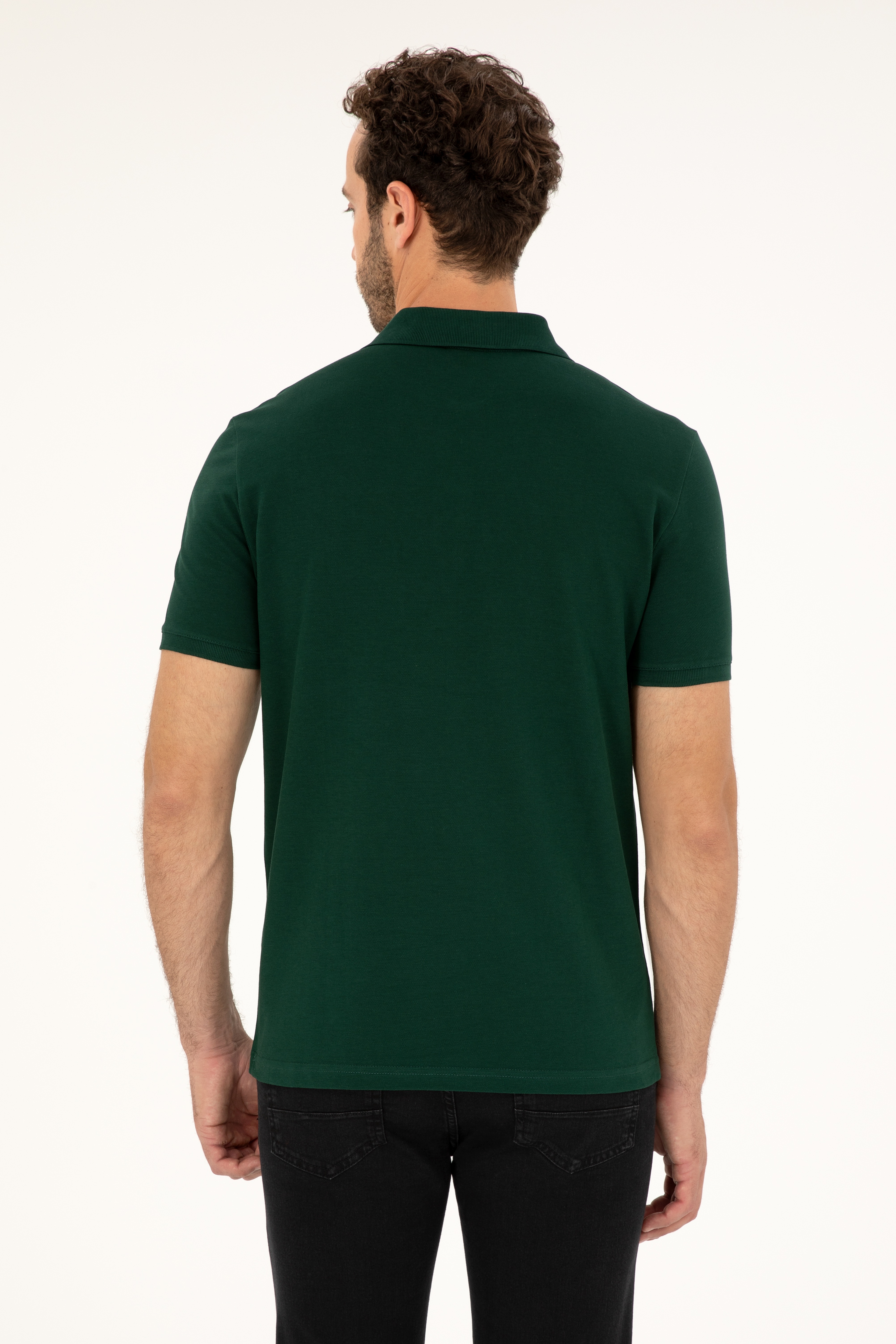 Erkek Slim Fit Polo Yaka Koyu Yeşil Basic Tişört - Image 5
