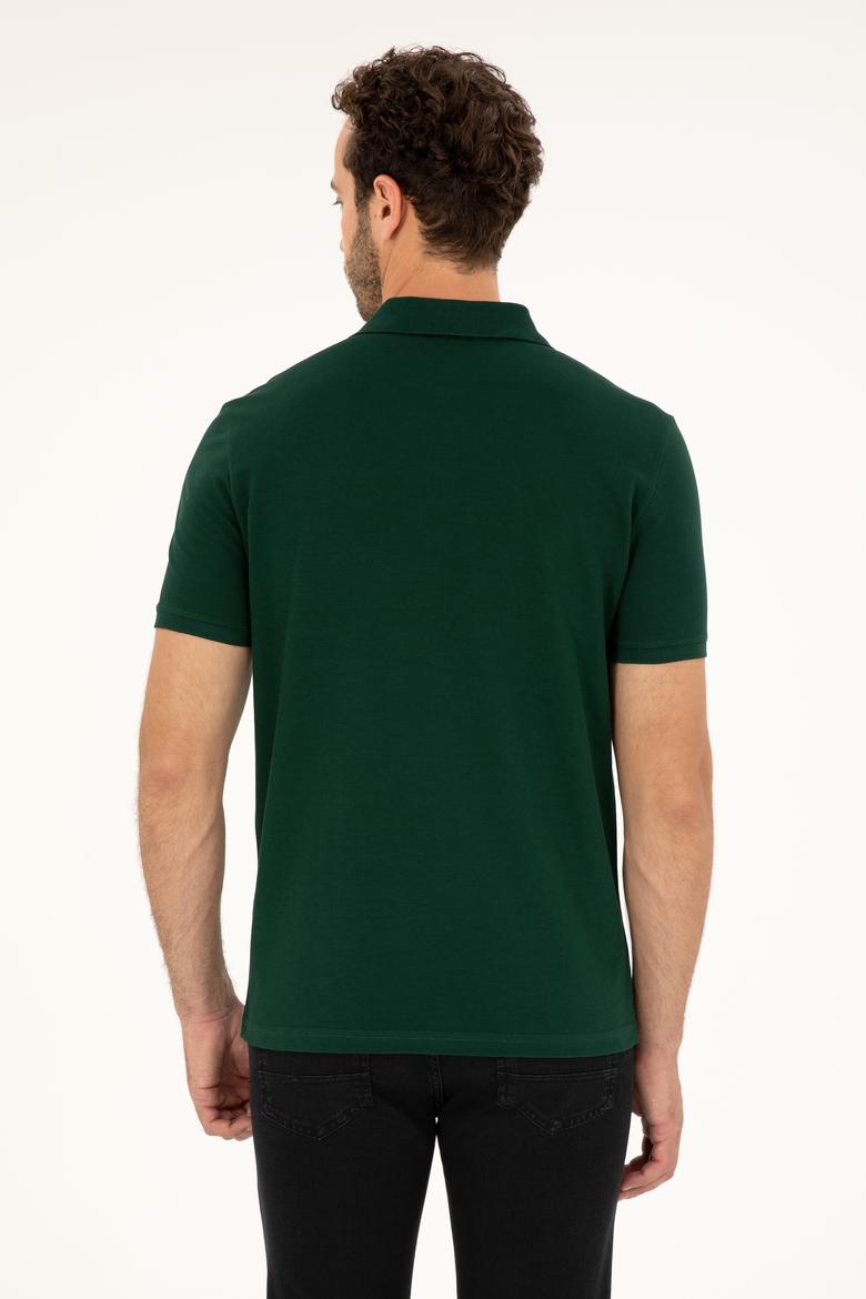Erkek Slim Fit Polo Yaka Koyu Yeşil Basic Tişört - 50279573387