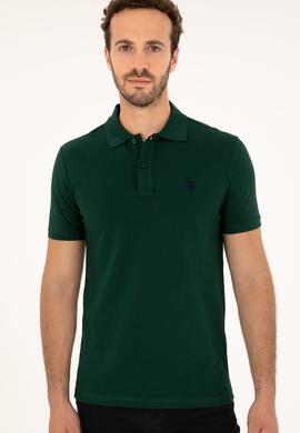 Erkek Slim Fit Polo Yaka Koyu Yeşil Basic Tişört - 50279573387