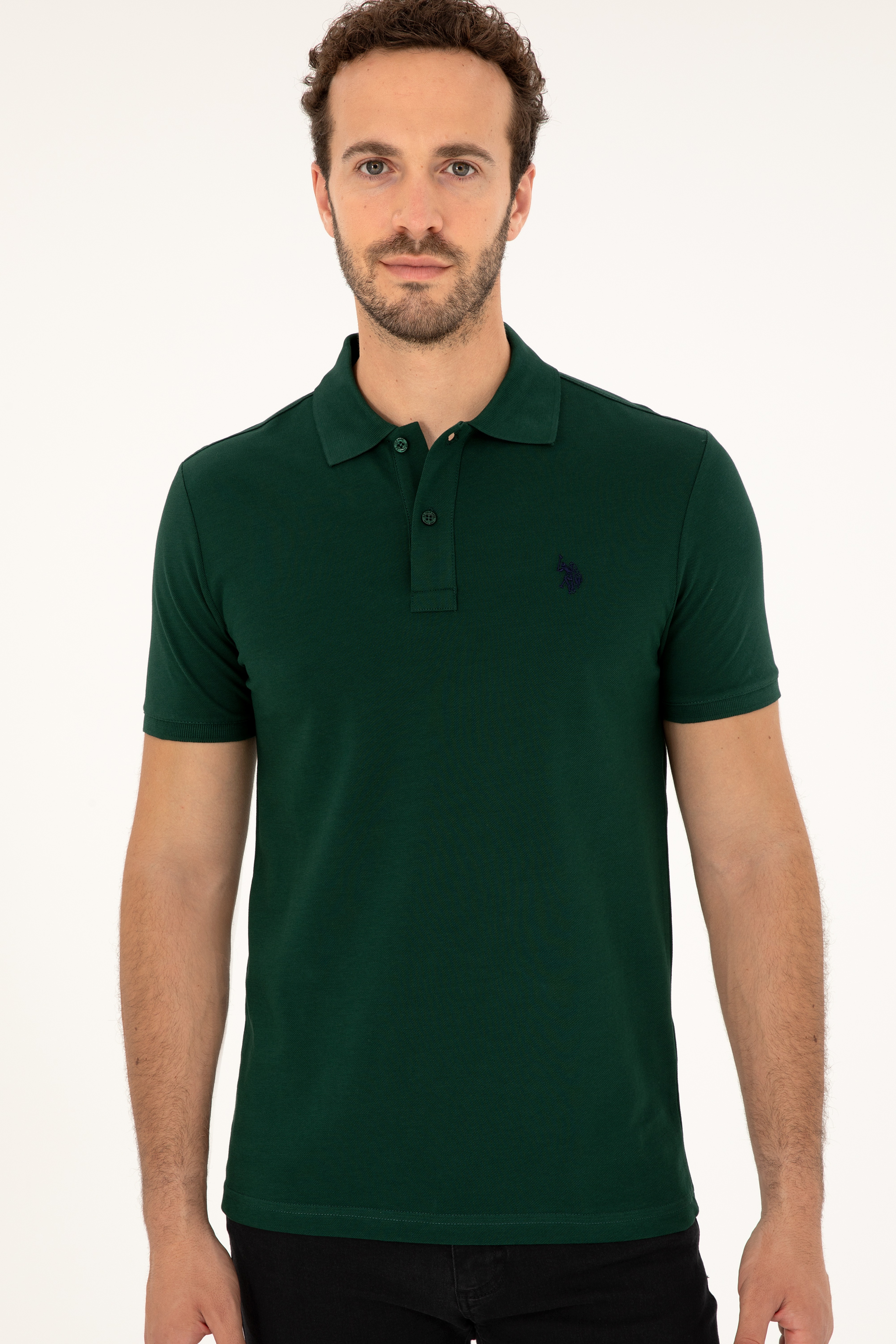 Erkek Slim Fit Polo Yaka Koyu Yeşil Basic Tişört - Image 3