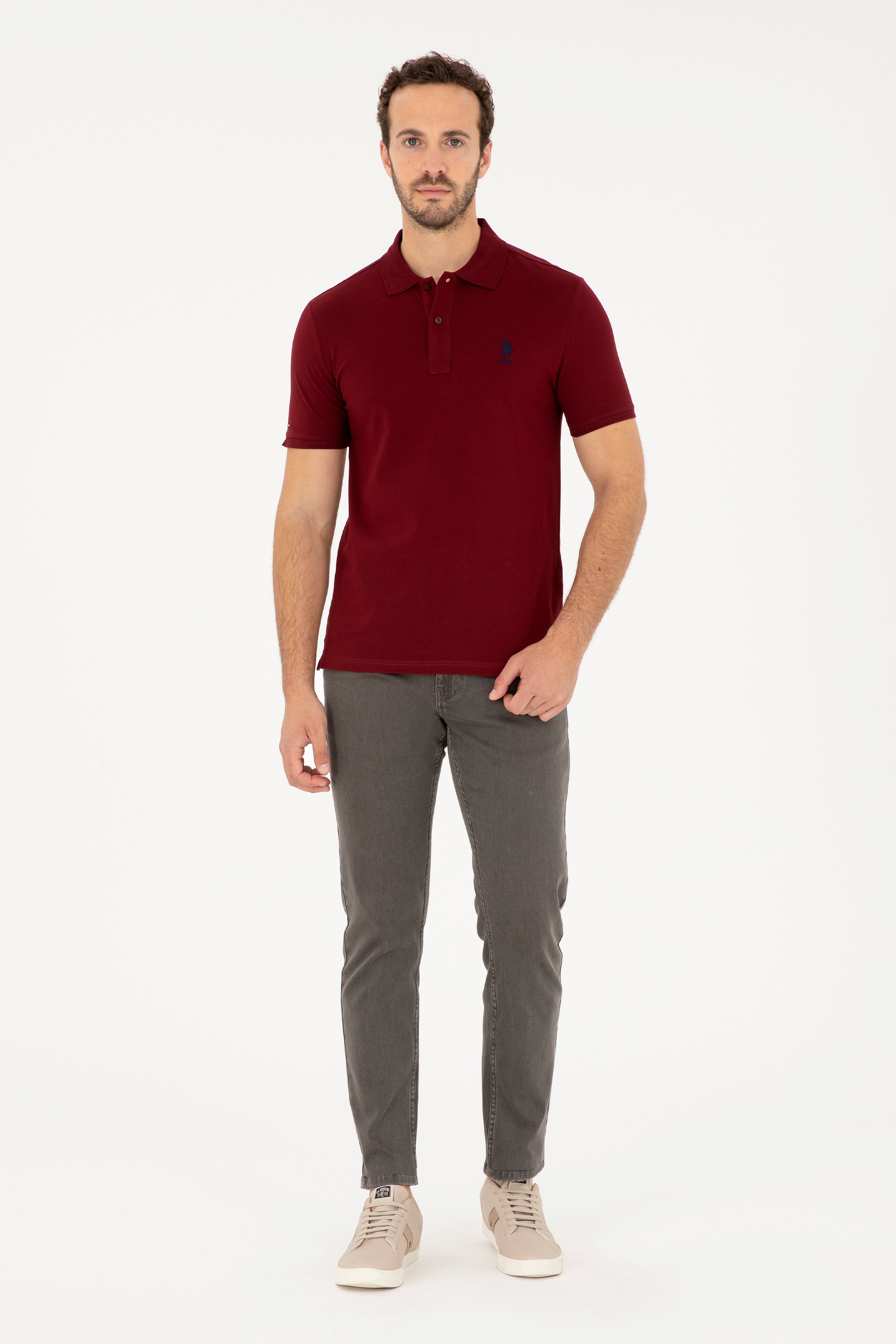 Erkek Slim Fit Polo Yaka Bordo Basic Tişört