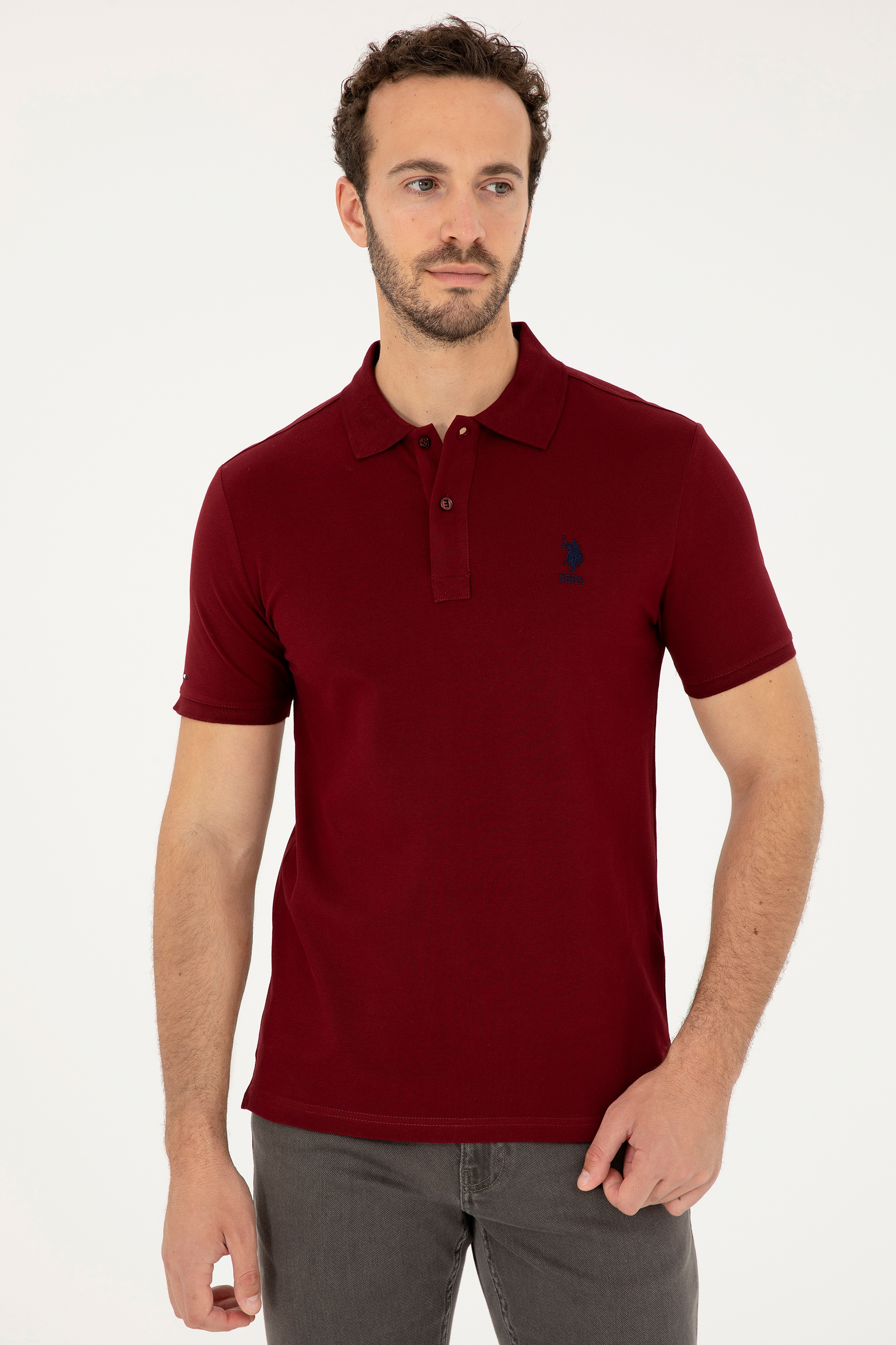 Erkek Slim Fit Polo Yaka Bordo Basic Tişört