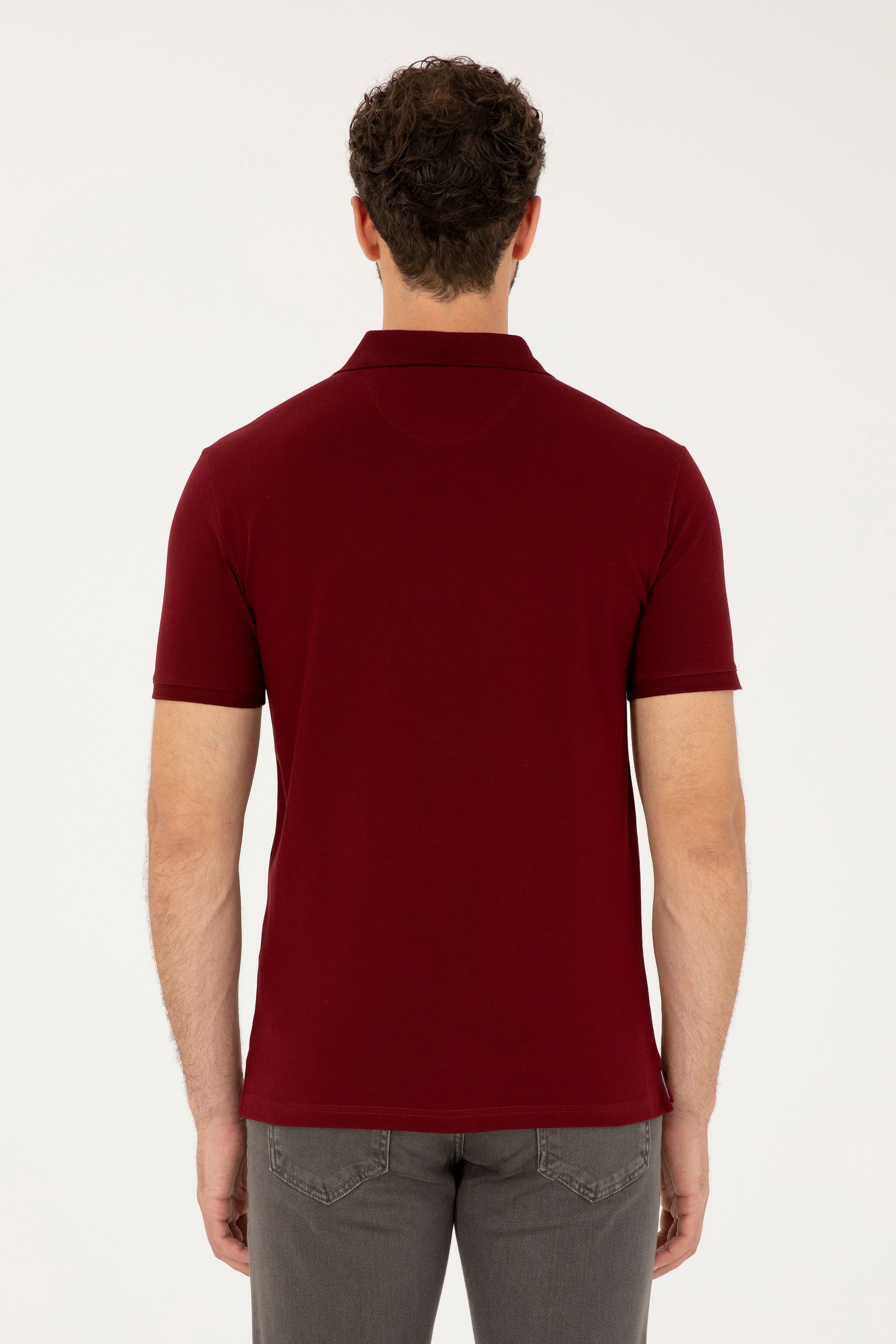 Erkek Slim Fit Polo Yaka Bordo Basic Tişört - Image 5