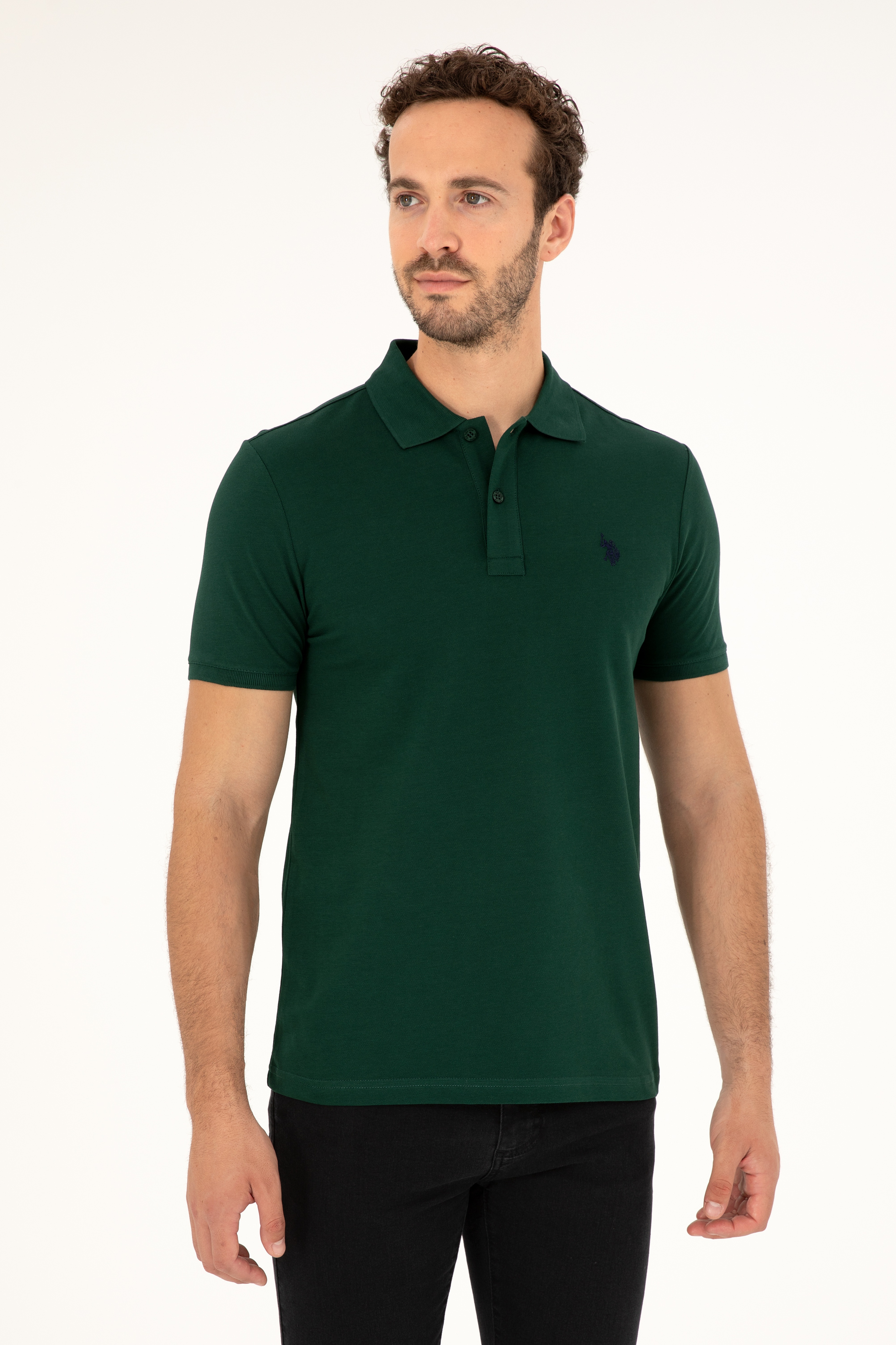 Erkek Slim Fit Polo Yaka Koyu Yeşil Basic Tişört - Image 1