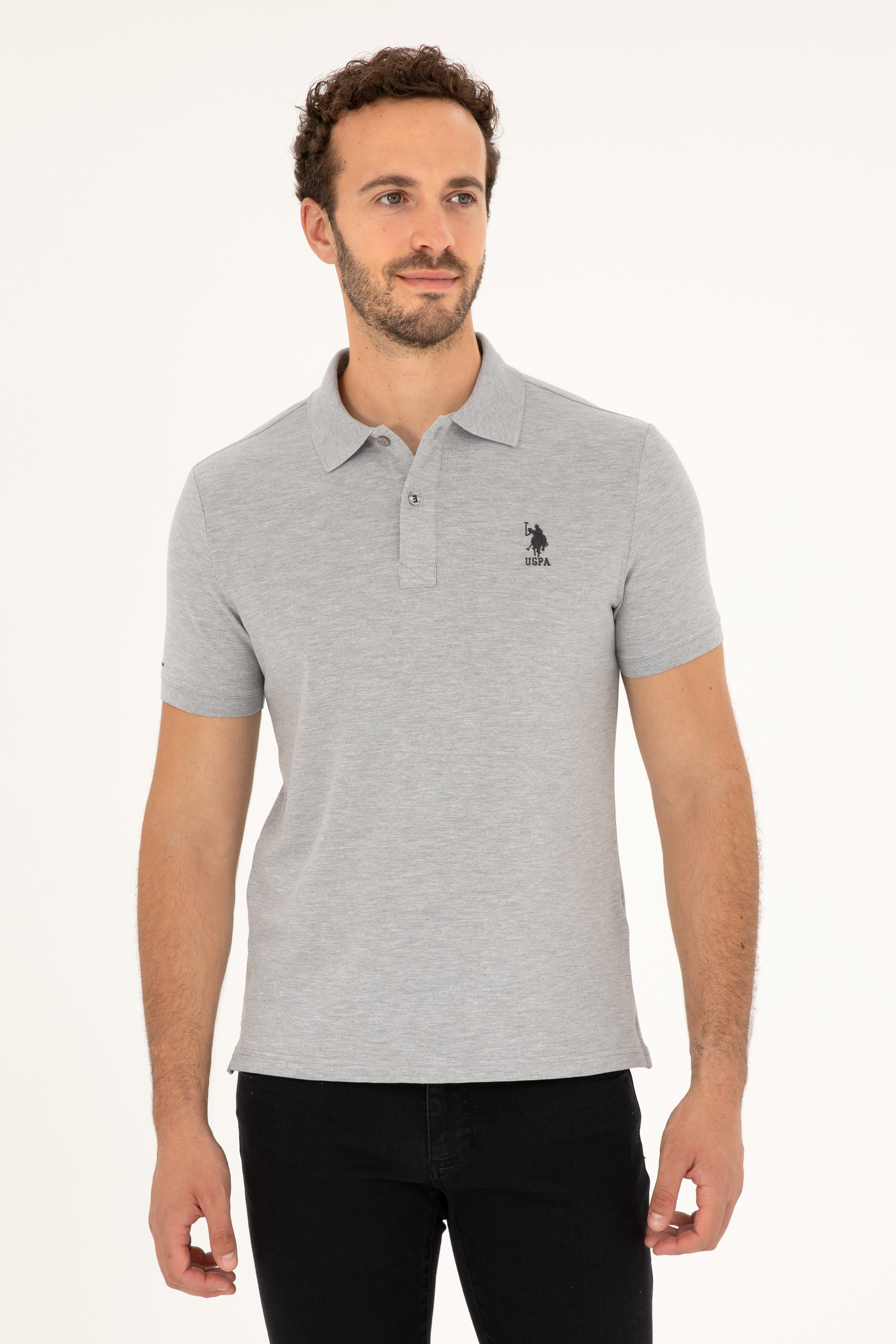 Erkek Slim Fit Polo Yaka Gri Melanj Basic Tişört - Image 1