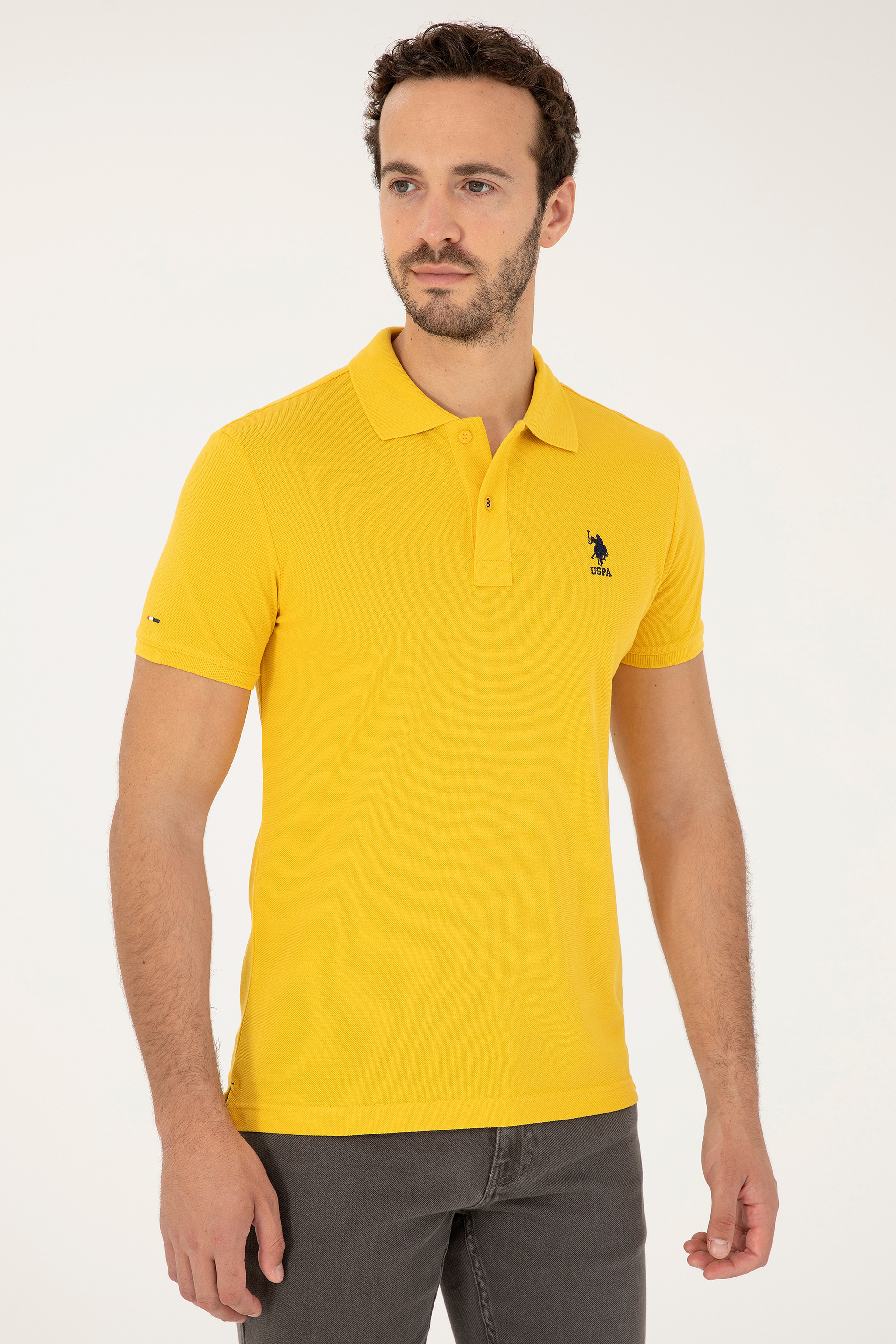 Erkek Slim Fit Polo Yaka Safran Basic Tişört