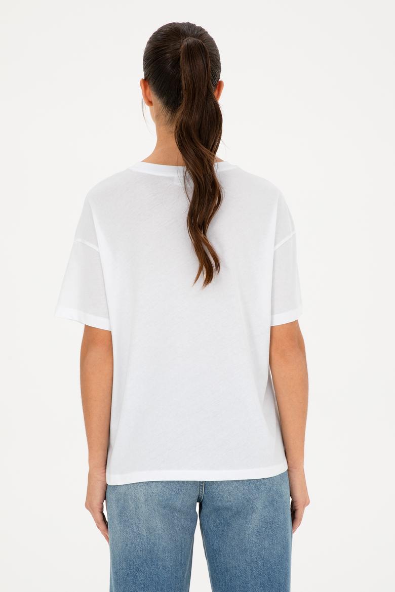 Kadın Beyaz Bisiklet Yaka Tişört - 50286110006