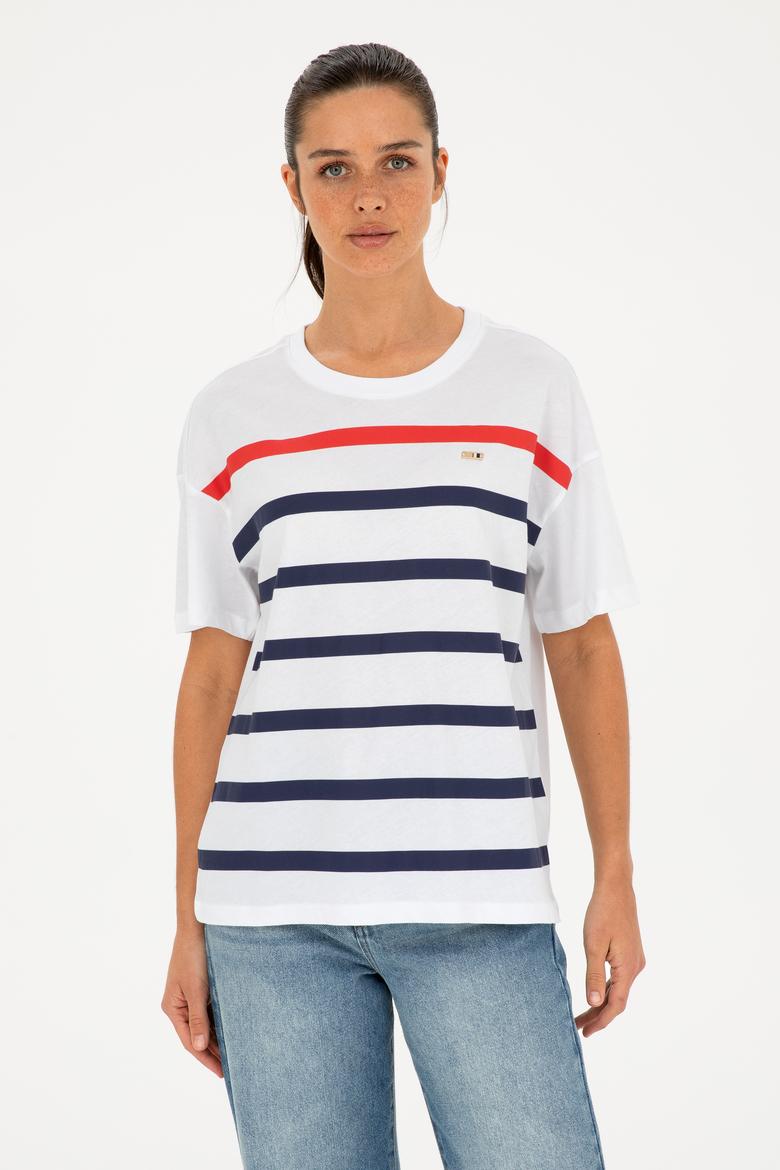 Kadın Beyaz Bisiklet Yaka Tişört