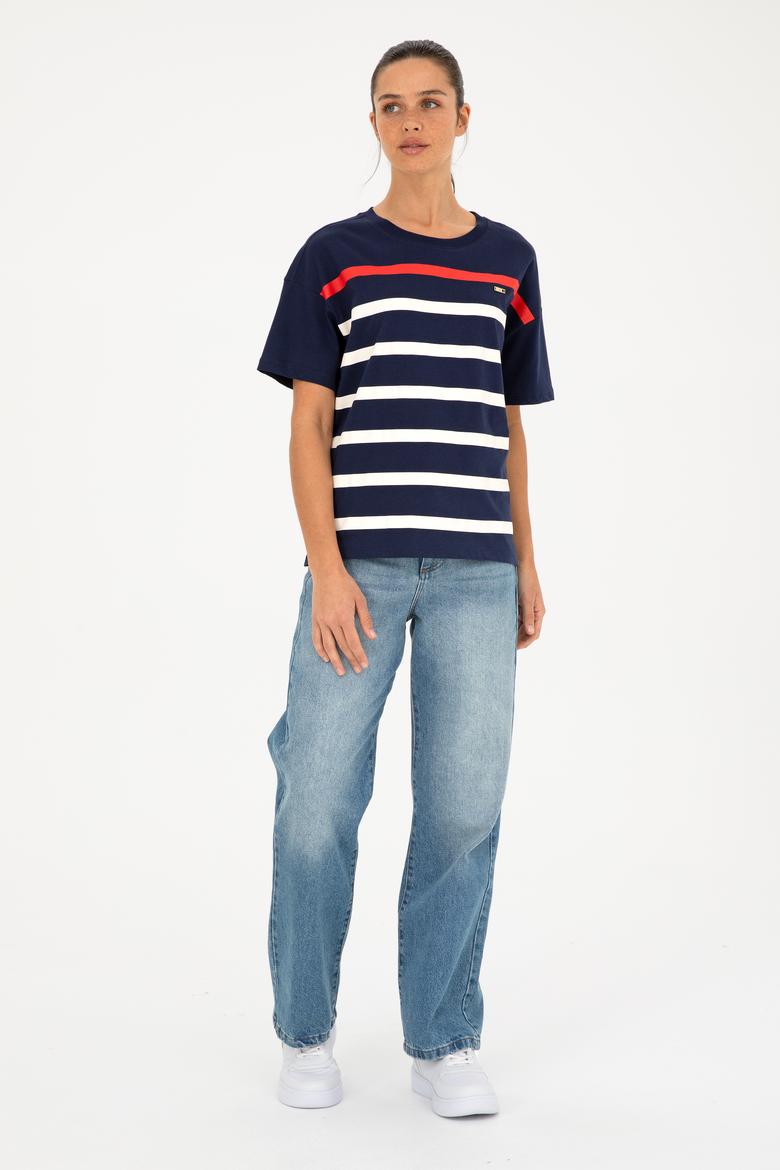 Kadın Lacivert Bisiklet Yaka Tişört - 50286110022