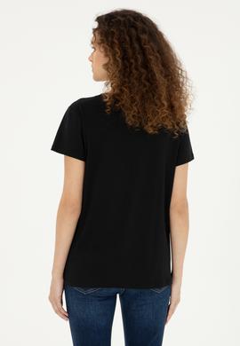 Kadın Siyah Bisiklet Yaka Tişört - 50294748004