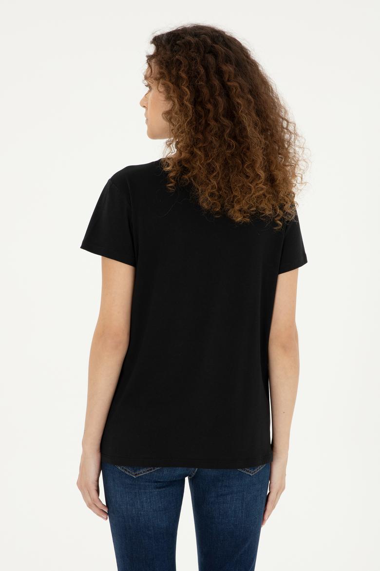 Kadın Siyah Bisiklet Yaka Tişört - 50294748004