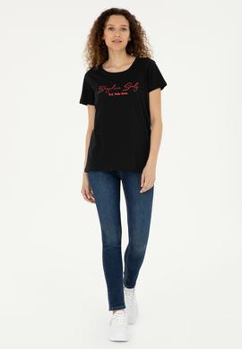 Kadın Siyah Bisiklet Yaka Tişört - 50294748004