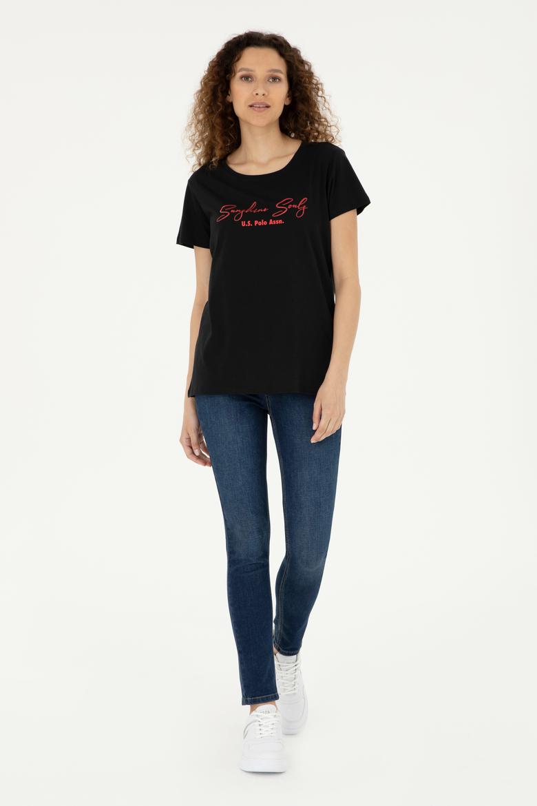 Kadın Siyah Bisiklet Yaka Tişört - 50294748004