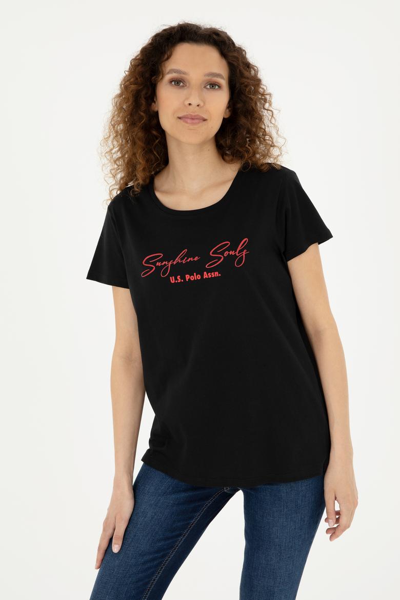 Kadın Siyah Bisiklet Yaka Tişört - 50294748004