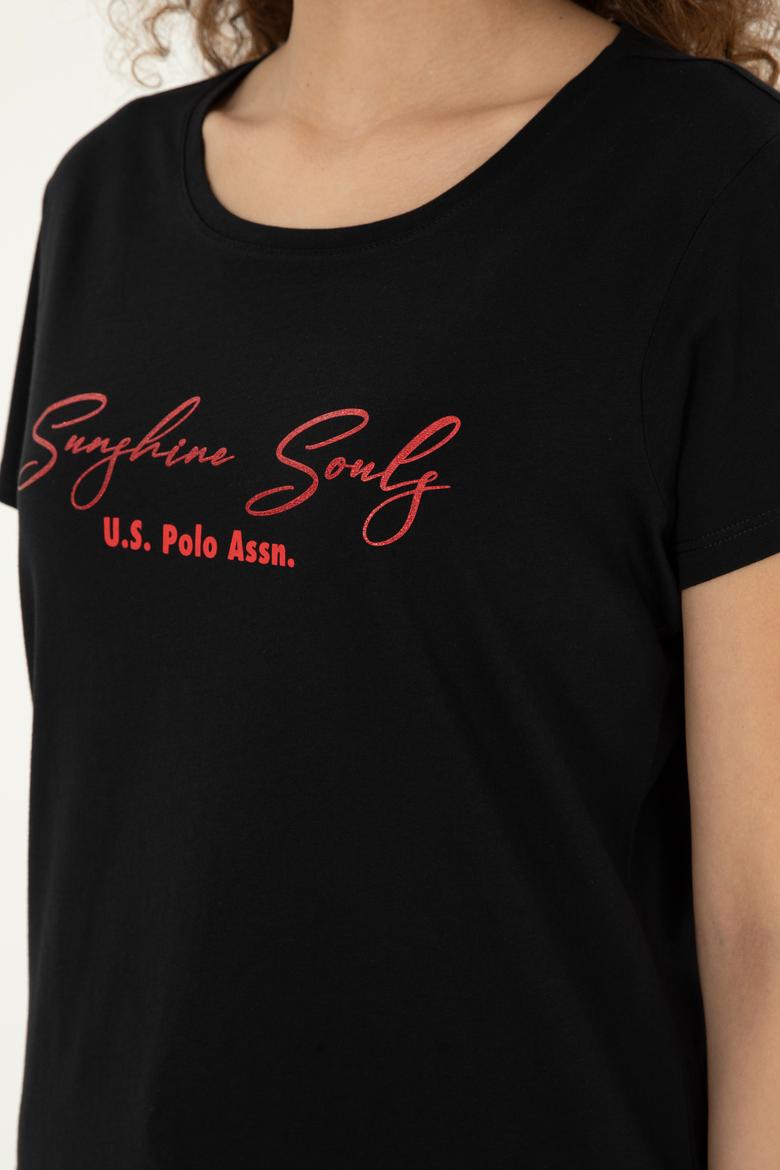 Kadın Siyah Bisiklet Yaka Tişört - 50294748004