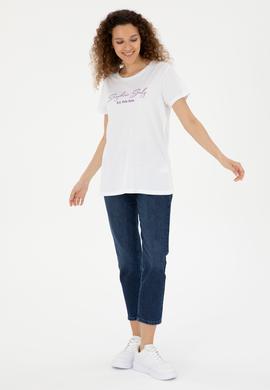 Kadın Beyaz Bisiklet Yaka Tişört - 50294748013