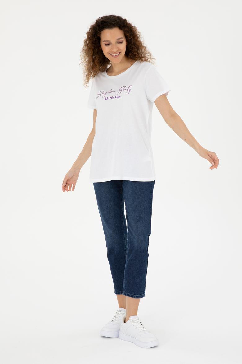 Kadın Beyaz Bisiklet Yaka Tişört - 50294748013