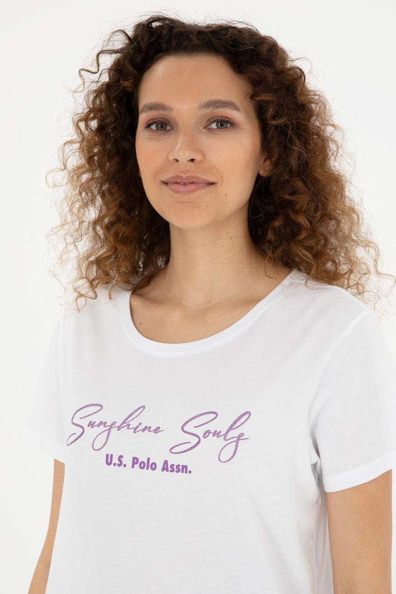 Kadın Beyaz Bisiklet Yaka Tişört - 50294748013