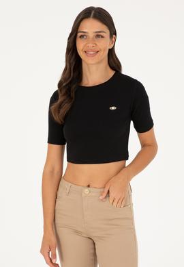 Kadın Siyah Bisiklet Yaka Crop Tişört - 50281813064