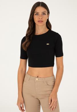 Kadın Siyah Bisiklet Yaka Crop Tişört - 50281813064