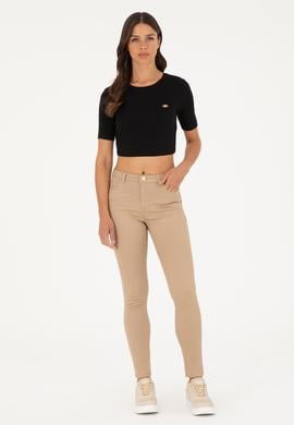 Kadın Siyah Bisiklet Yaka Crop Tişört - 50281813064