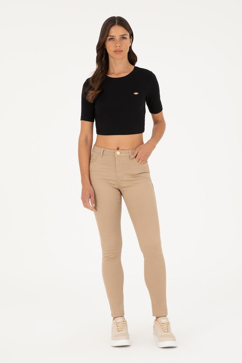 Kadın Siyah Bisiklet Yaka Crop Tişört - 50281813064