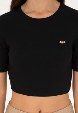 Kadın Siyah Bisiklet Yaka Crop Tişört - 50281813064