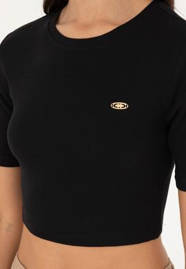 Kadın Siyah Bisiklet Yaka Crop Tişört - 50281813064