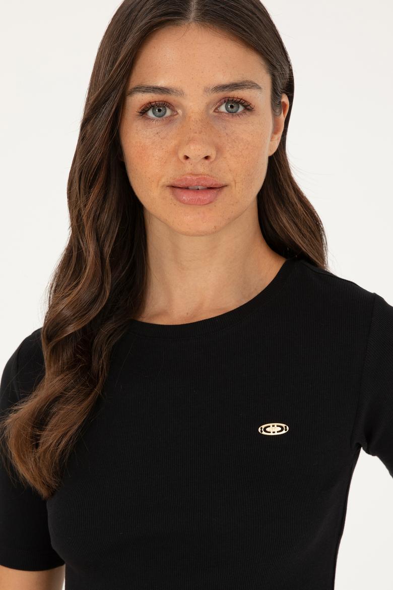 Kadın Siyah Bisiklet Yaka Crop Tişört - 50281813064