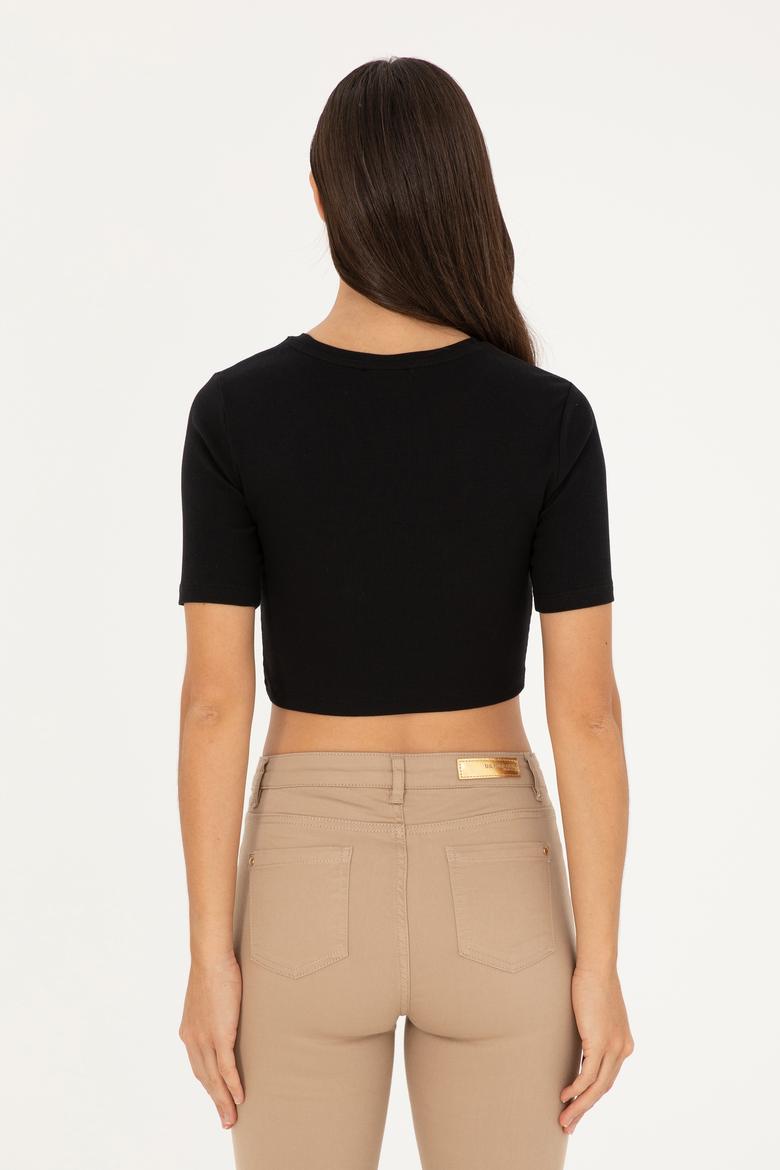 Kadın Siyah Bisiklet Yaka Crop Tişört - 50281813064