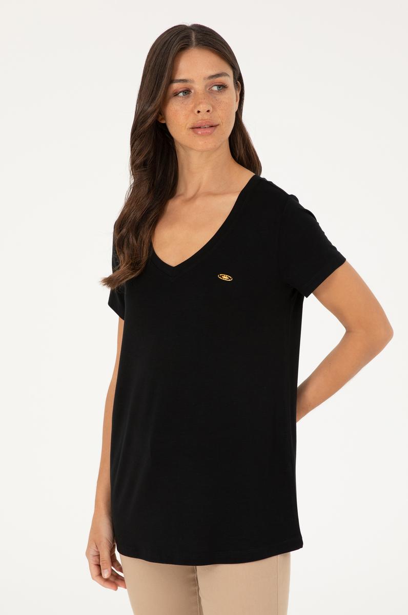 Kadın Siyah V Yaka Basic Tişört