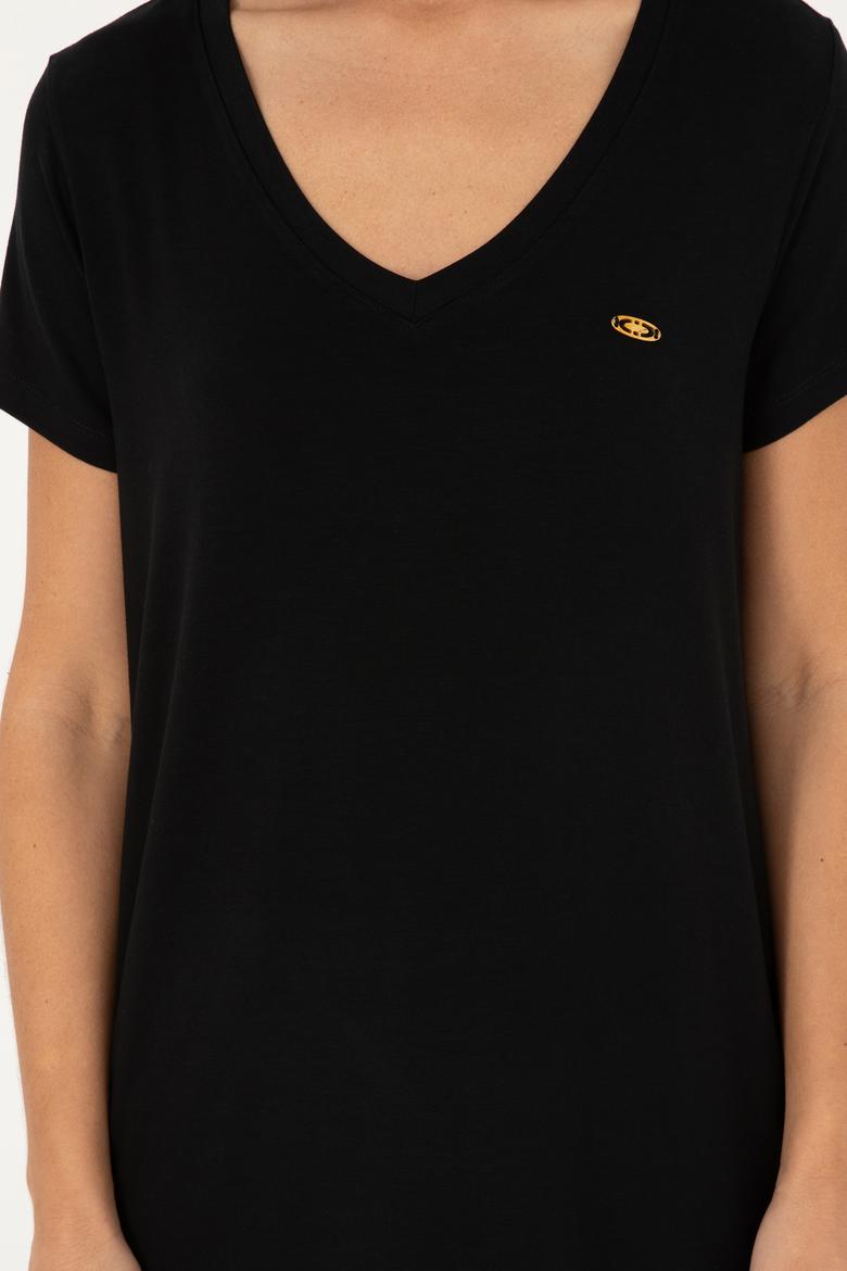 Kadın Siyah V Yaka Basic Tişört - 50280019008