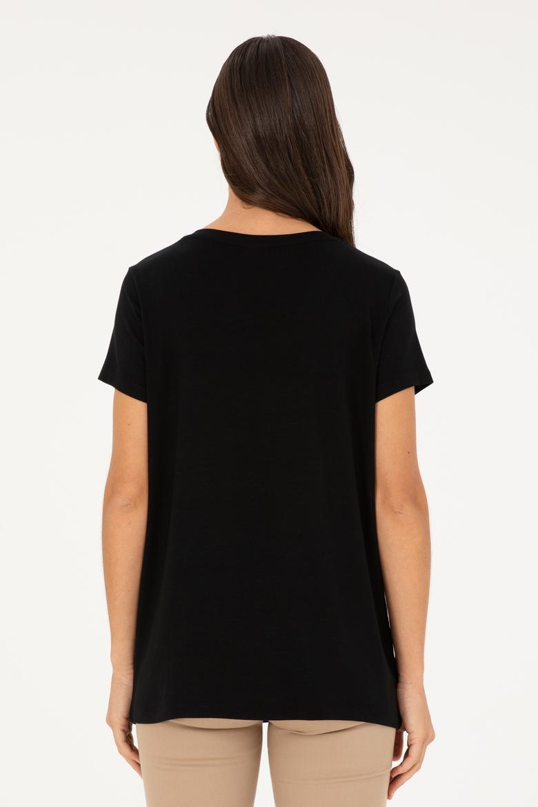 Kadın Siyah V Yaka Basic Tişört - 50280019008