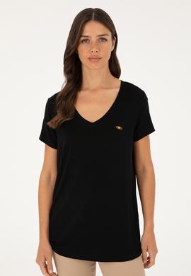 Kadın Siyah V Yaka Basic Tişört - 50280019008