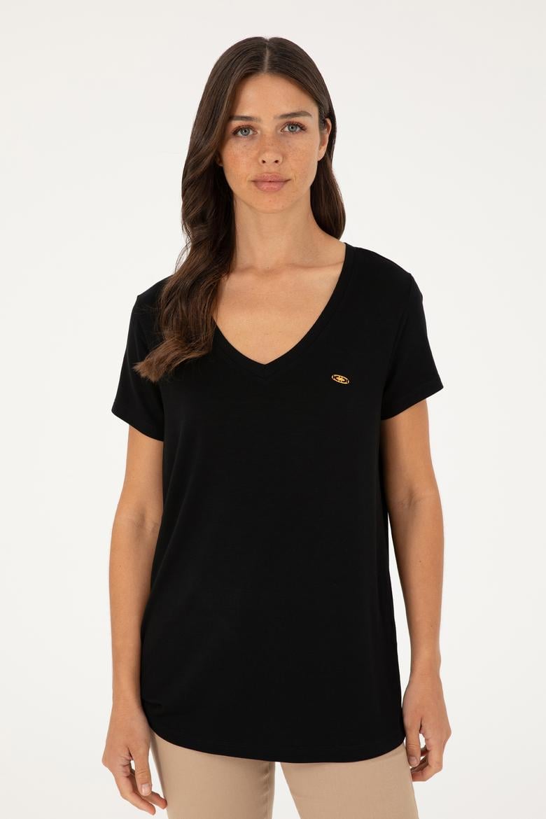 Kadın Siyah V Yaka Basic Tişört - 50280019008