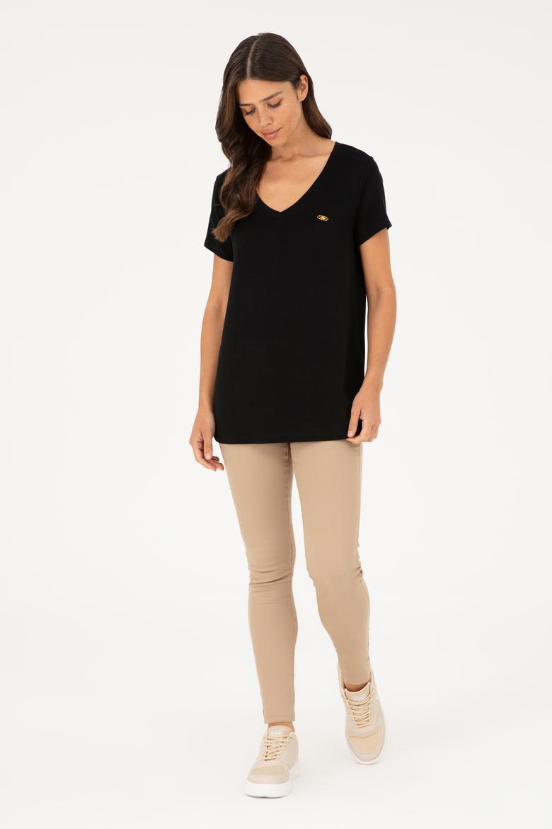 Kadın Siyah V Yaka Basic Tişört - 50280019008