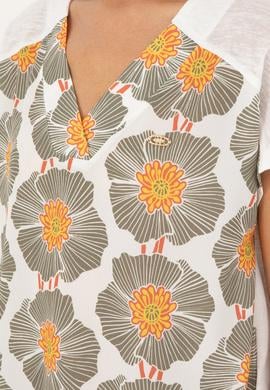 Kadın Ekru Desenli V Yaka Tişört - 50281805023