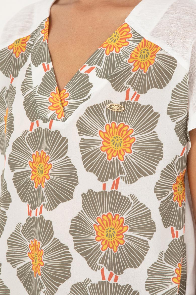 Kadın Ekru Desenli V Yaka Tişört - 50281805023