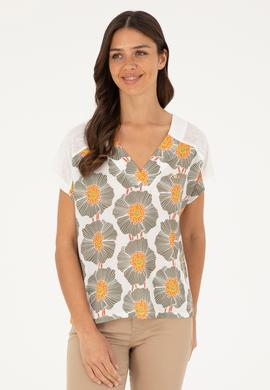 Kadın Ekru Desenli V Yaka Tişört - 50281805023
