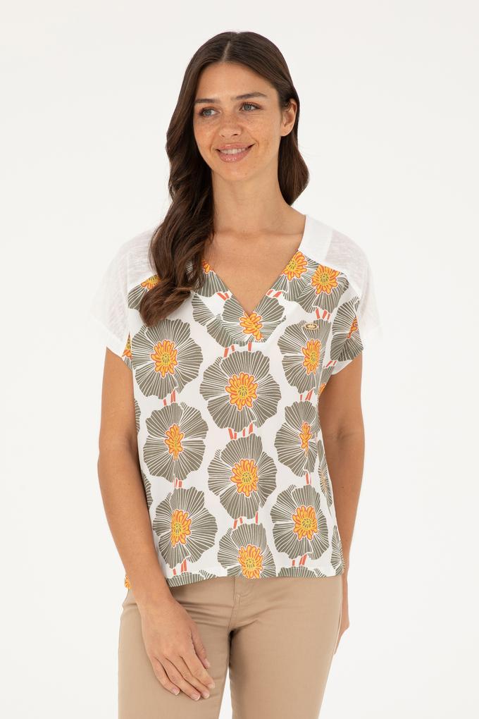 Kadın Ekru Desenli V Yaka Tişört