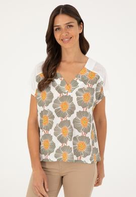 Kadın Ekru Desenli V Yaka Tişört - 50281805023