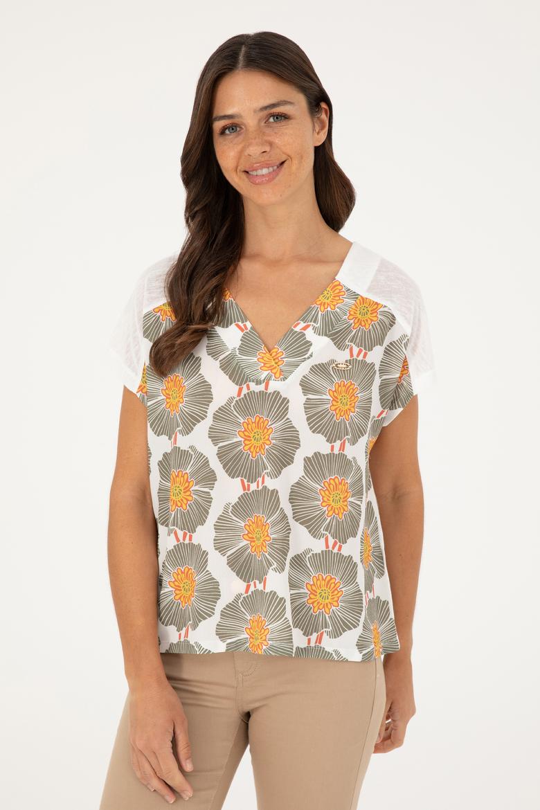 Kadın Ekru Desenli V Yaka Tişört - 50281805023