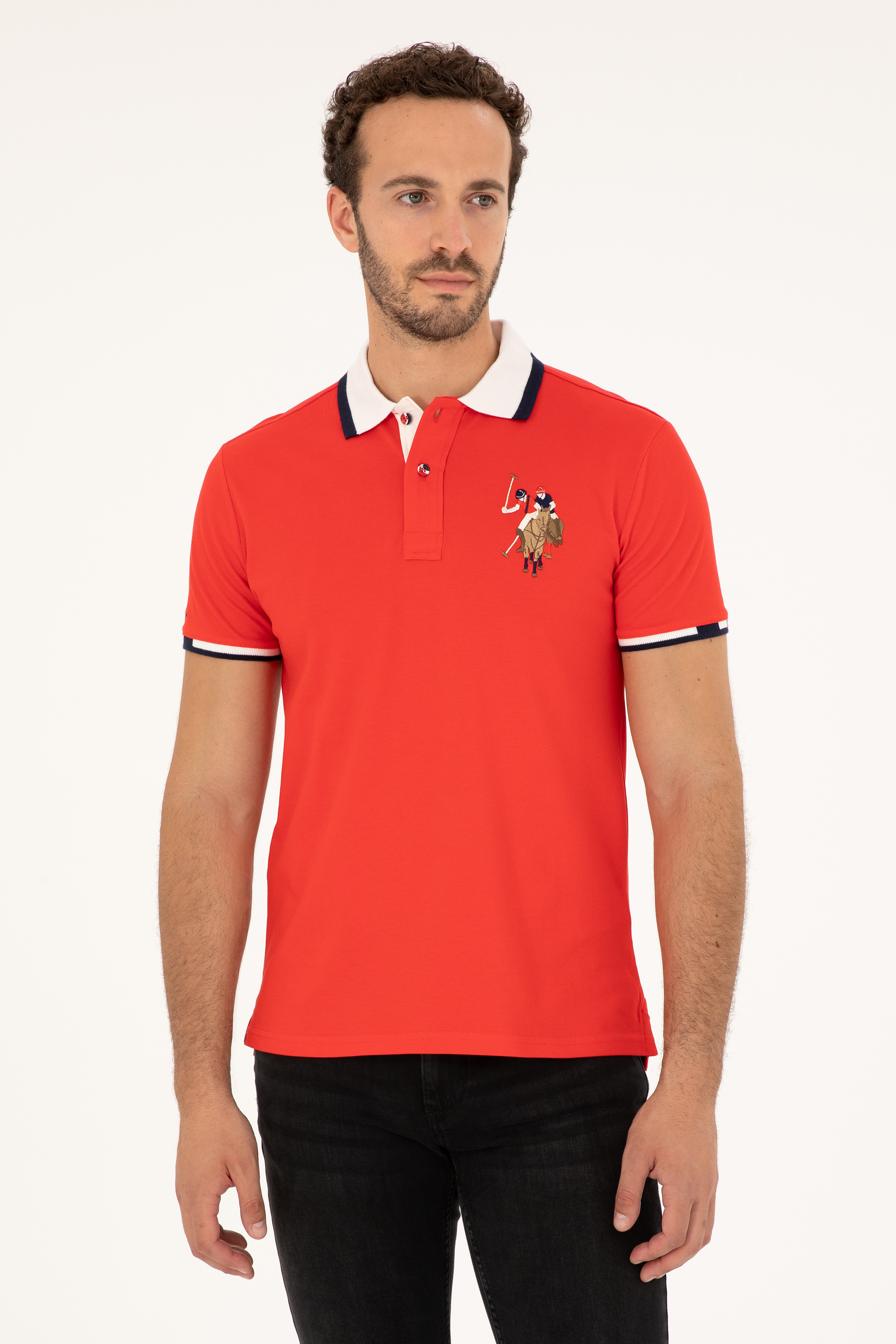 Erkek Slim Fit Polo Yaka Kırmızı Basic Tişört - Image 1