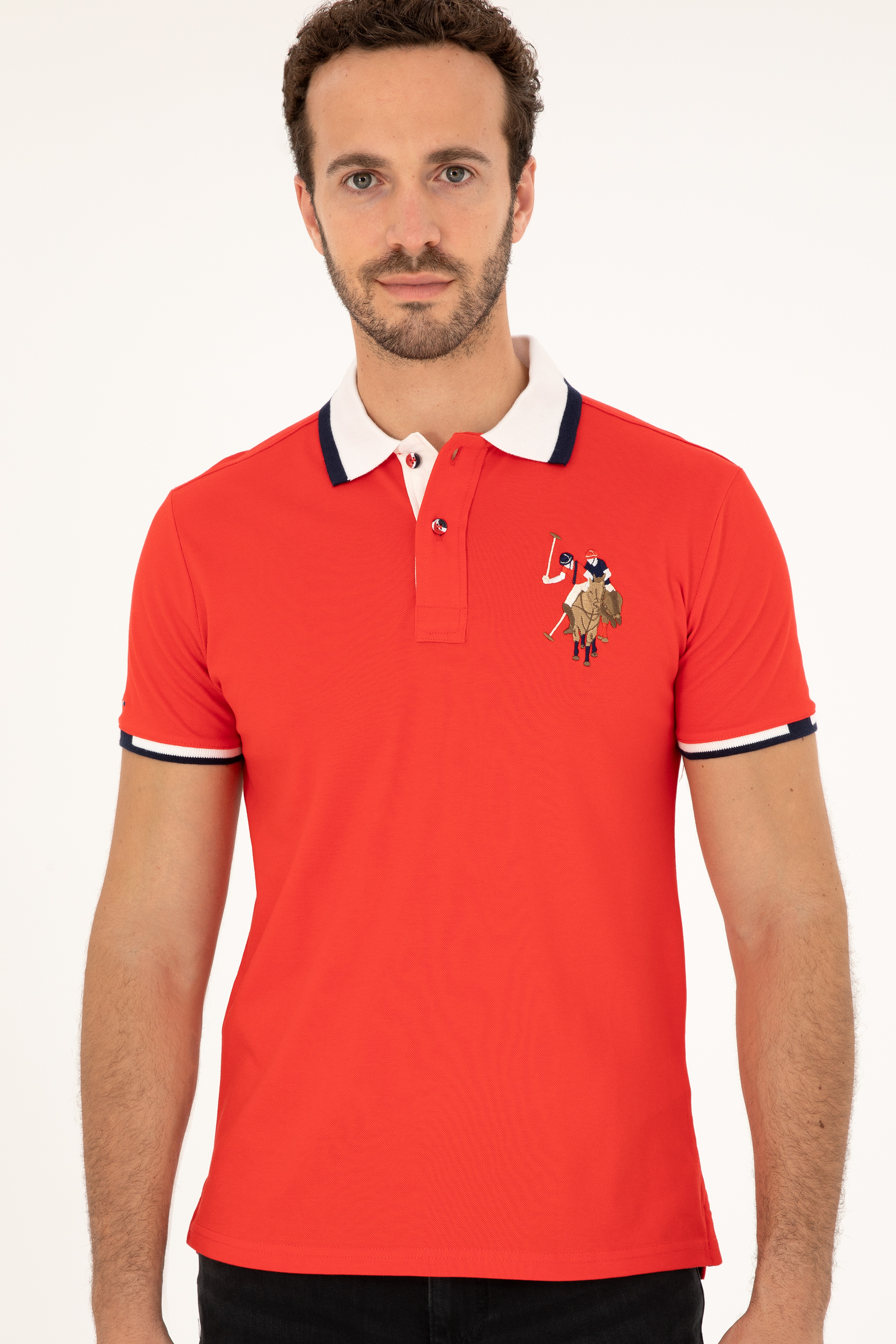 Erkek Slim Fit Polo Yaka Kırmızı Basic Tişört