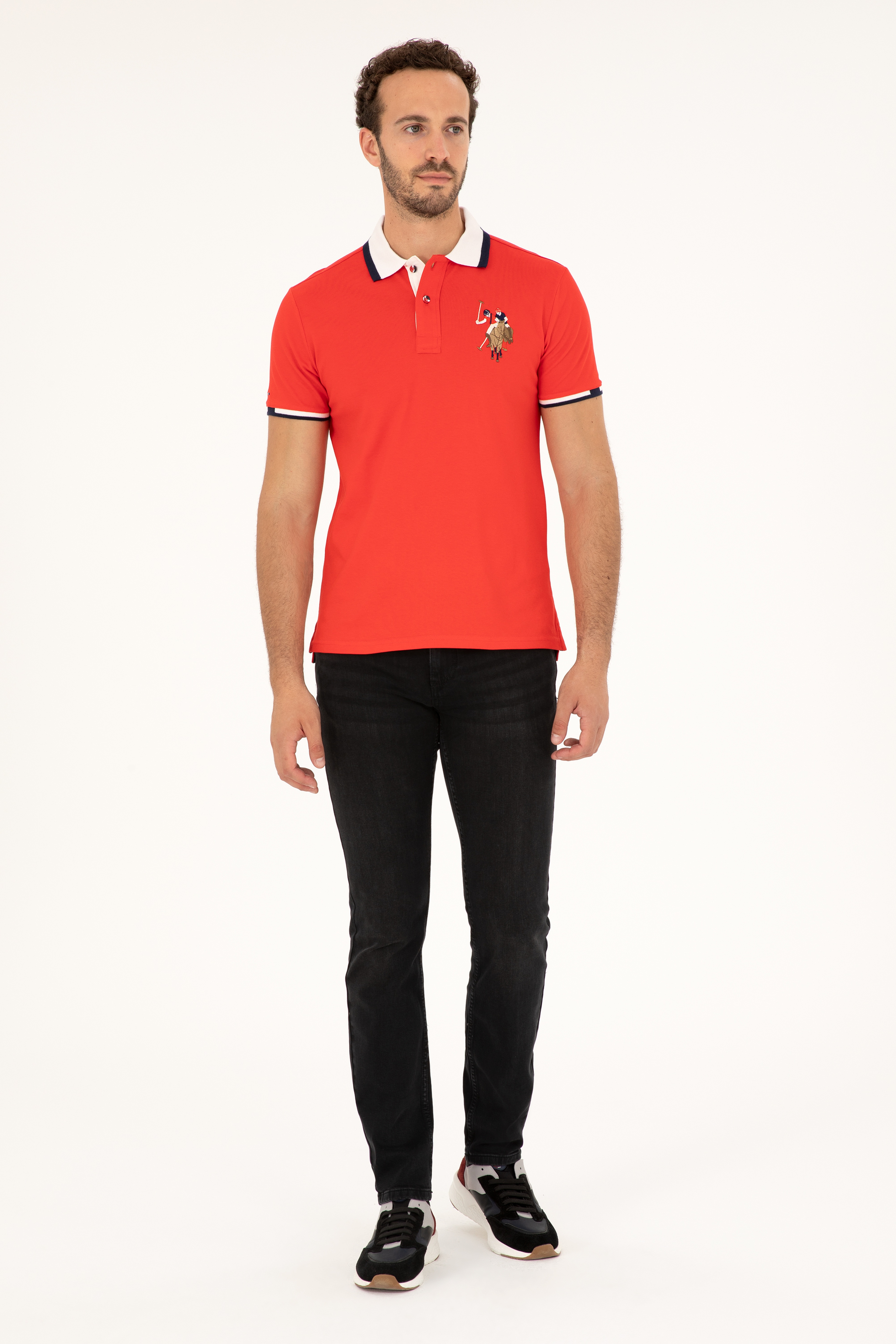 Erkek Slim Fit Polo Yaka Kırmızı Basic Tişört - Image 4