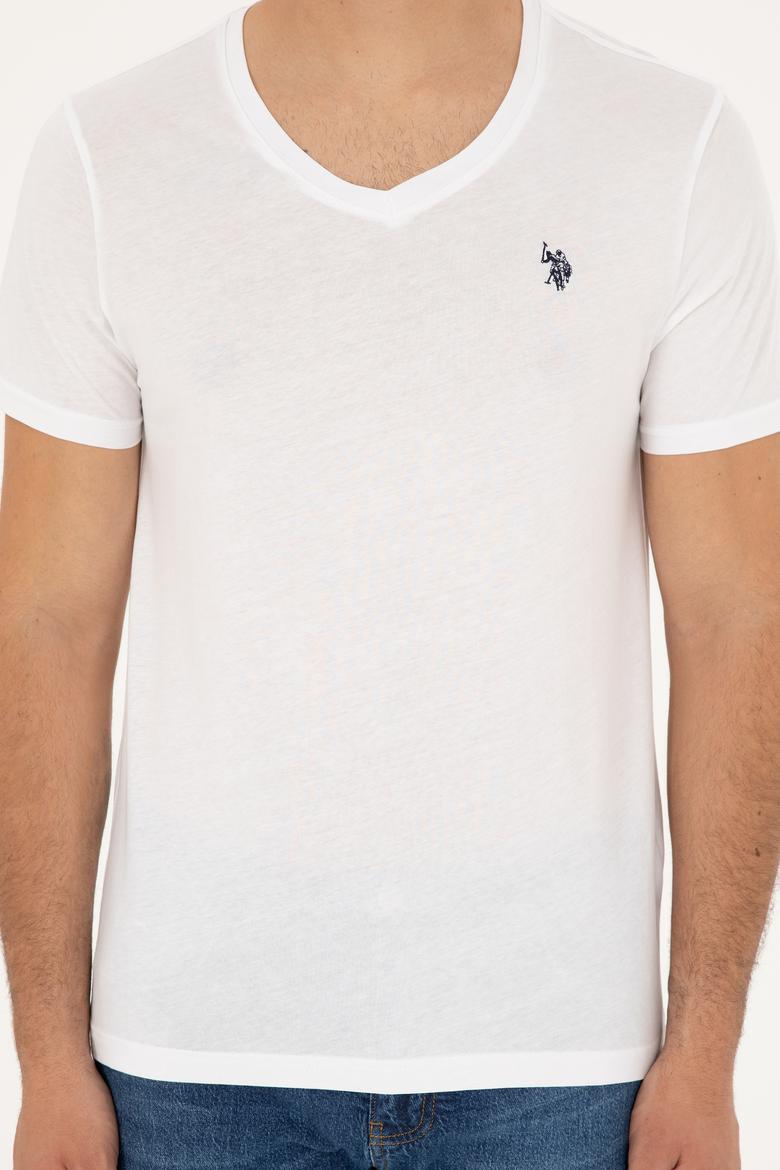 Erkek Slim Fit V Yaka Beyaz Basic Tişört - 50279574001