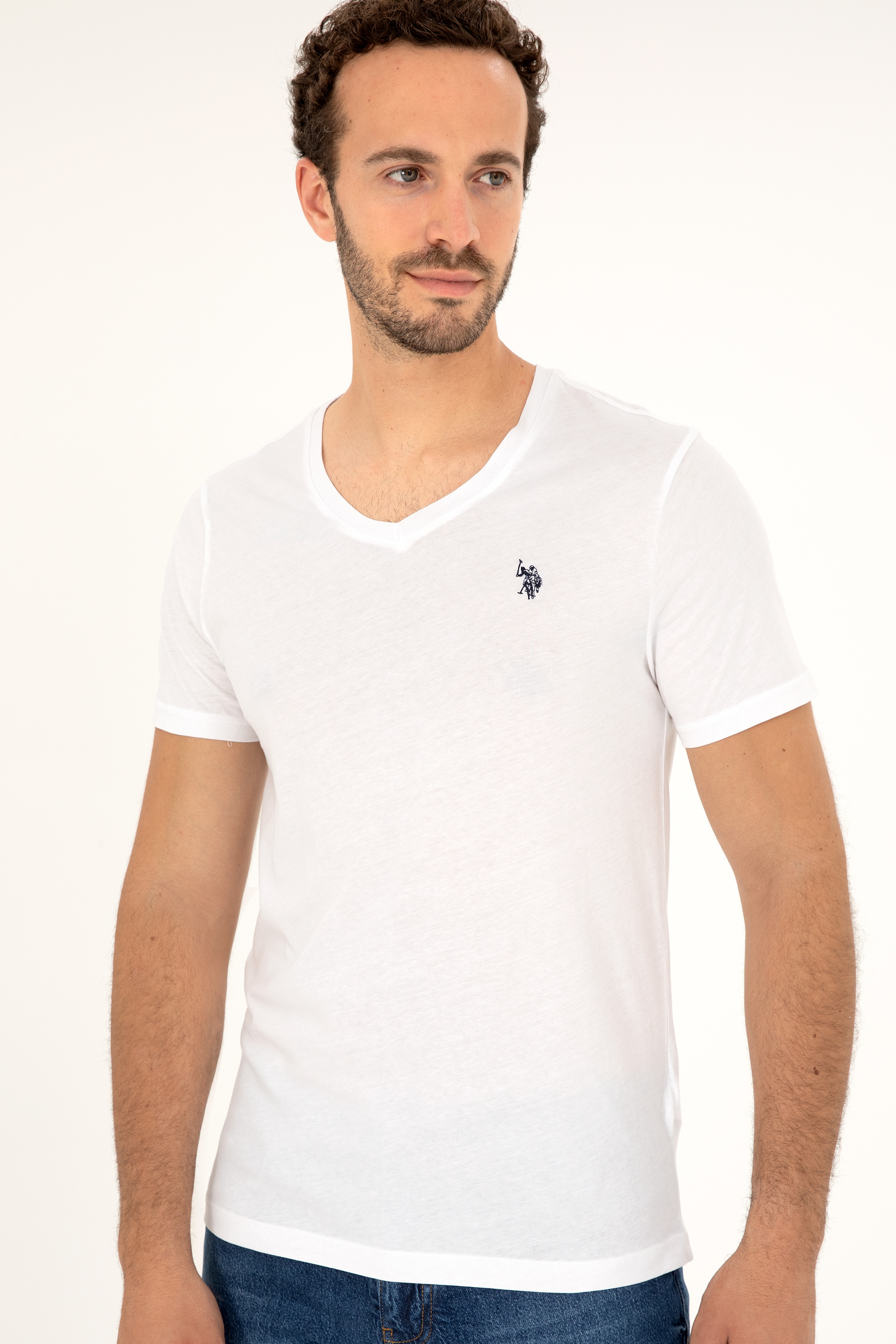Erkek Slim Fit V Yaka Beyaz Basic Tişört